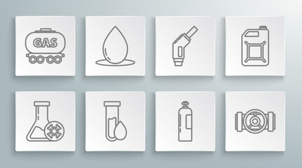 Set line Antifreeze test tube, Oil drop, petrol, Industrial gas cylinder tank, Industry metallic pipes and valve, Gasoline pump nozzle, Canister for gasoline and railway cistern icon. Vector