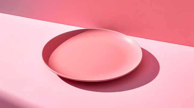 minimalist empty pink plate on a pink table on a vibrant pink colored background
