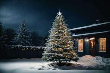 A beautiful Christmas tree decorated with a bright garland near a house in the forest in the evening or at night. snowy nature, new year and holidays