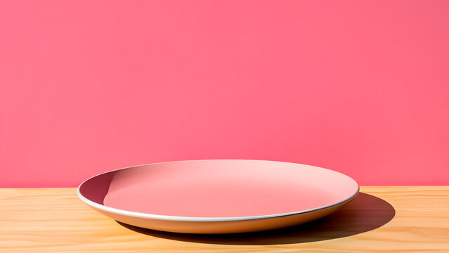 minimalist empty pink plate on a wooden table on a vibrant pink colored background
