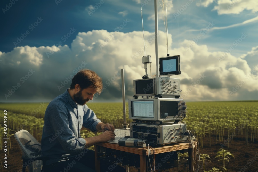 Poster A man is sitting at a table, focused on working on his computer. This image can be used to depict a professional working environment or someone engaged in a task requiring the use of technology.