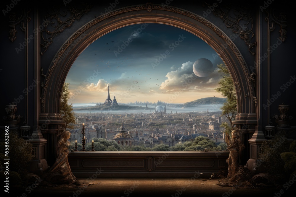 Poster A view of a city as seen through a window. This image can be used to depict urban life or provide a backdrop for various concepts and themes.