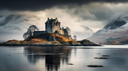 Château médiéval en Écosse au bord d'un lac dans les Highland sous un ciel orageux - obrazy, fototapety, plakaty