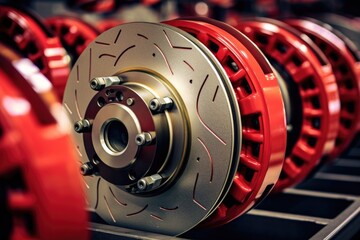 A detailed close up of a brake on a vehicle. This image can be used to showcase the mechanical components of a car or as an illustration for an automotive repair or maintenance article.