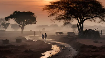 Fotobehang paysage de la savane africaine dans la brume de chaleur du matin © Sébastien Jouve