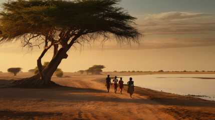 paysage de la côte africaine dans la brume de chaleur du matin - obrazy, fototapety, plakaty