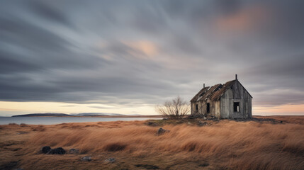 petite maison abandonnée, isolée et en ruine dans un paysage désolé sous un ciel d'orage