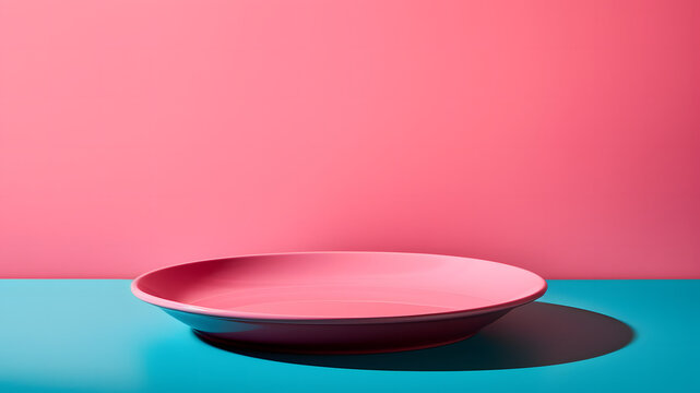 minimalist empty pink plate on a blue table on a vibrant pink colored background