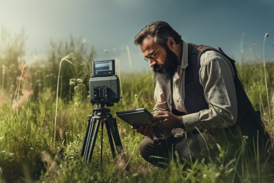 A man is standing in a field with a camera in one hand and a tablet in the other. This versatile image can be used to illustrate photography, technology, or outdoor activities.