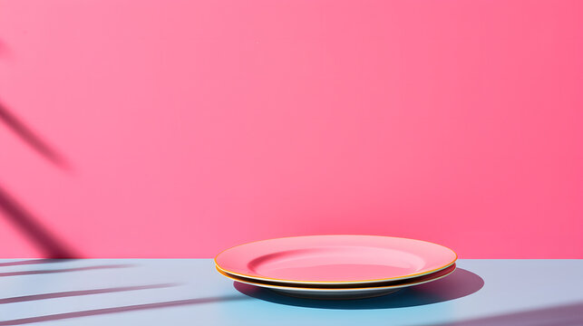 minimalist empty stack of pink plate on a wooden table on a vibrant pink colored background