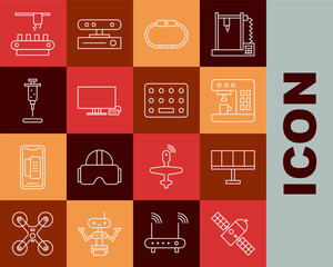 Set line Satellite, Solar energy panel, Coffee machine, Smartwatch, Tv, Syringe, Factory conveyor system belt and Pills blister pack icon. Vector