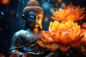 glowing golden buddha and a flower close up with water drops