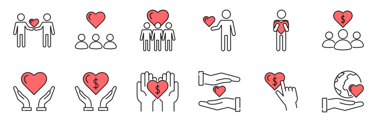 Charity red and black line icons set. Help, money, donation, fees, people, love, friendship, mutual understanding,crowd, benefactor, kindness, happiness. Vector stock illustration.