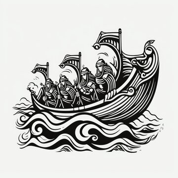 Logo of vikings riding a boat, black and white, AI generated Image