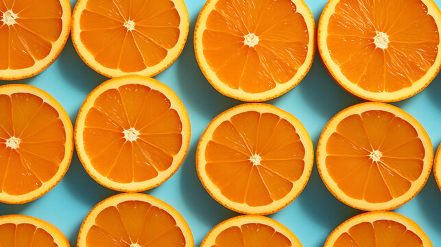 Flat lay fresh slices Orange fruit pattern on blue background, close up, top view