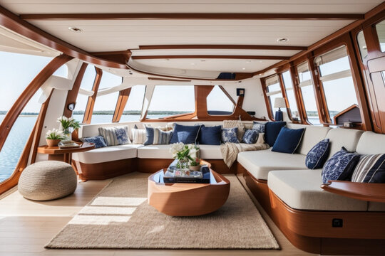 Luxury living room in the boat ,wood , sec view background 