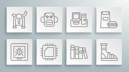 Set line Insects in a frame, School backpack, Processor with CPU, Book, Slippers socks, Monitor keyboard, Burger and Viking horned helmet icon. Vector
