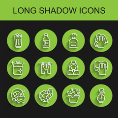 Set line Washing dishes, Socks, Full trash can, Basin with soap suds, Water spray bottle, Drying clothes, Cleaning service and lady icon. Vector