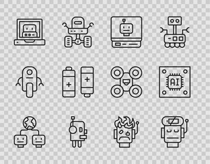 Set line Artificial intelligence, Robot low battery charge, Creating robot, Battery, burned out and Processor with microcircuits CPU icon. Vector