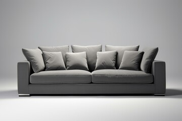 Isolated gray sofa with upholstery, throw pillows, armrests. Contemporary living room furniture. Generative AI