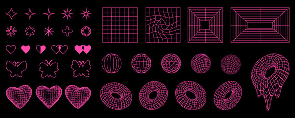 Retro Y2K shapes and 3d wireframes, grids, geometric forms, pink neon crazy design elements in 2000s aesthetic style.
