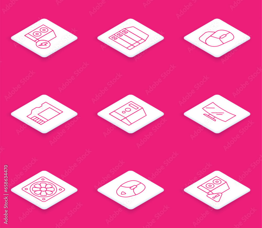 Poster set line case of computer, server, data, web hosting, computer mouse, sd card, monitor screen, coole
