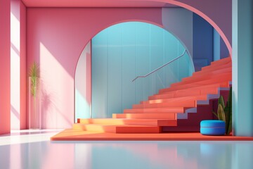 Vibrant 3D rendering of an abstract interior with sleek gradient objects. Generative AI