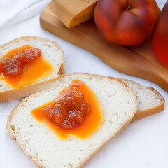 Fototapeta premium A slice of bread with jam and peachs on it