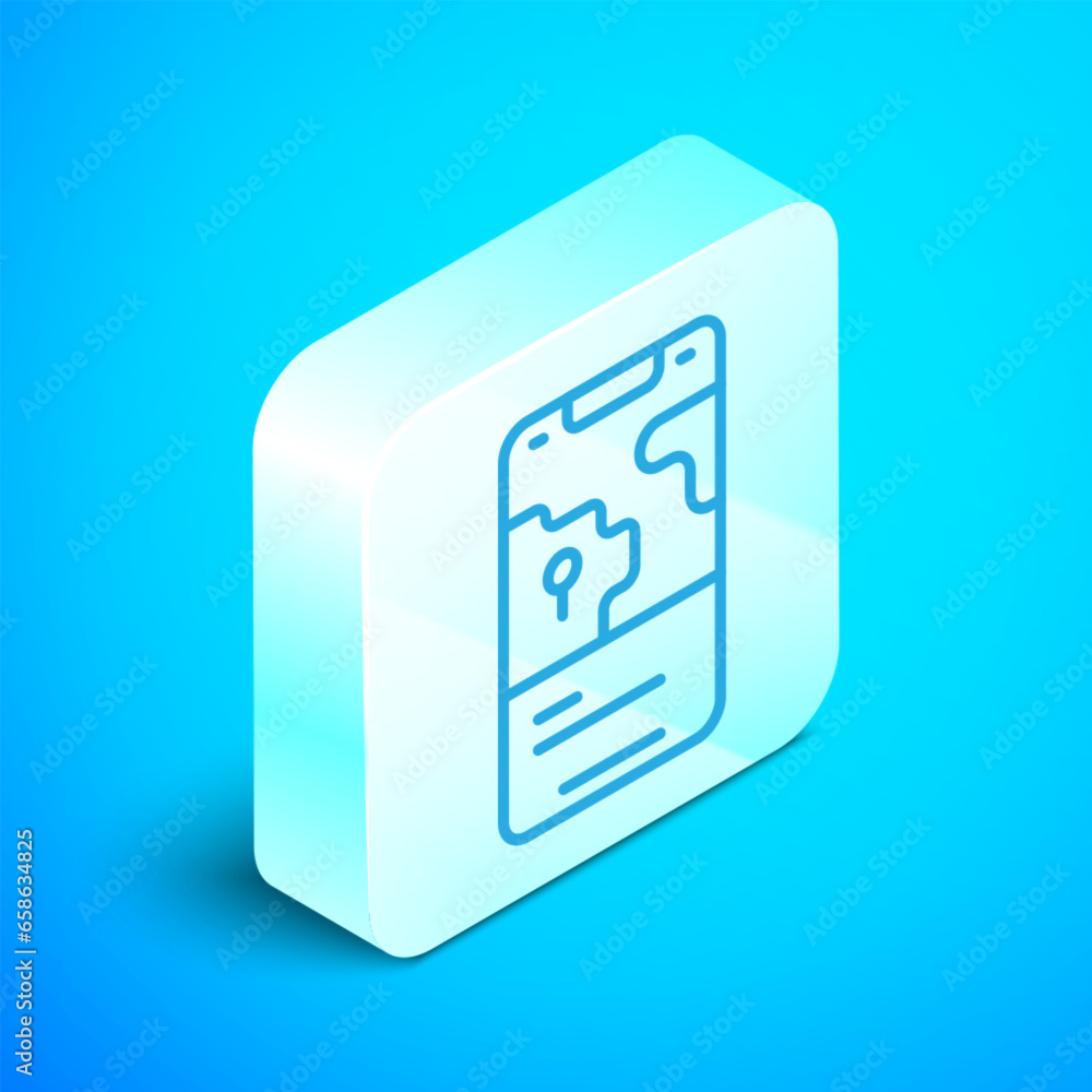 Poster isometric line infographic of city map navigation icon isolated on blue background. mobile app inter