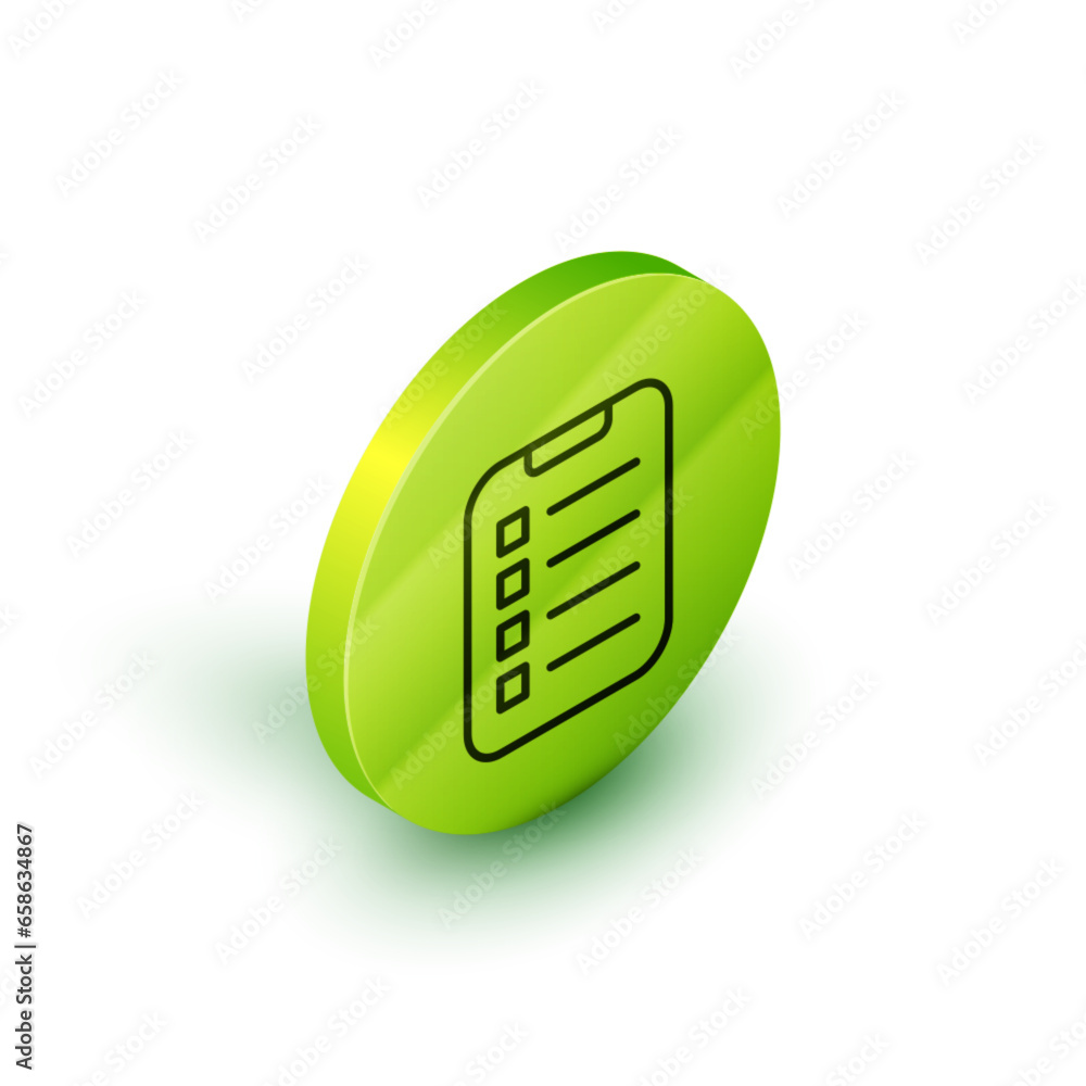 Poster isometric line to do list or planning icon isolated on white background. green circle button. vector