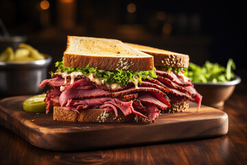 Pastrami sandwich on wooden table. - Powered by Adobe