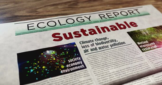 Sustainable green industry and eco friendly technology daily newspaper on table. Headlines news abstract concept 3d.