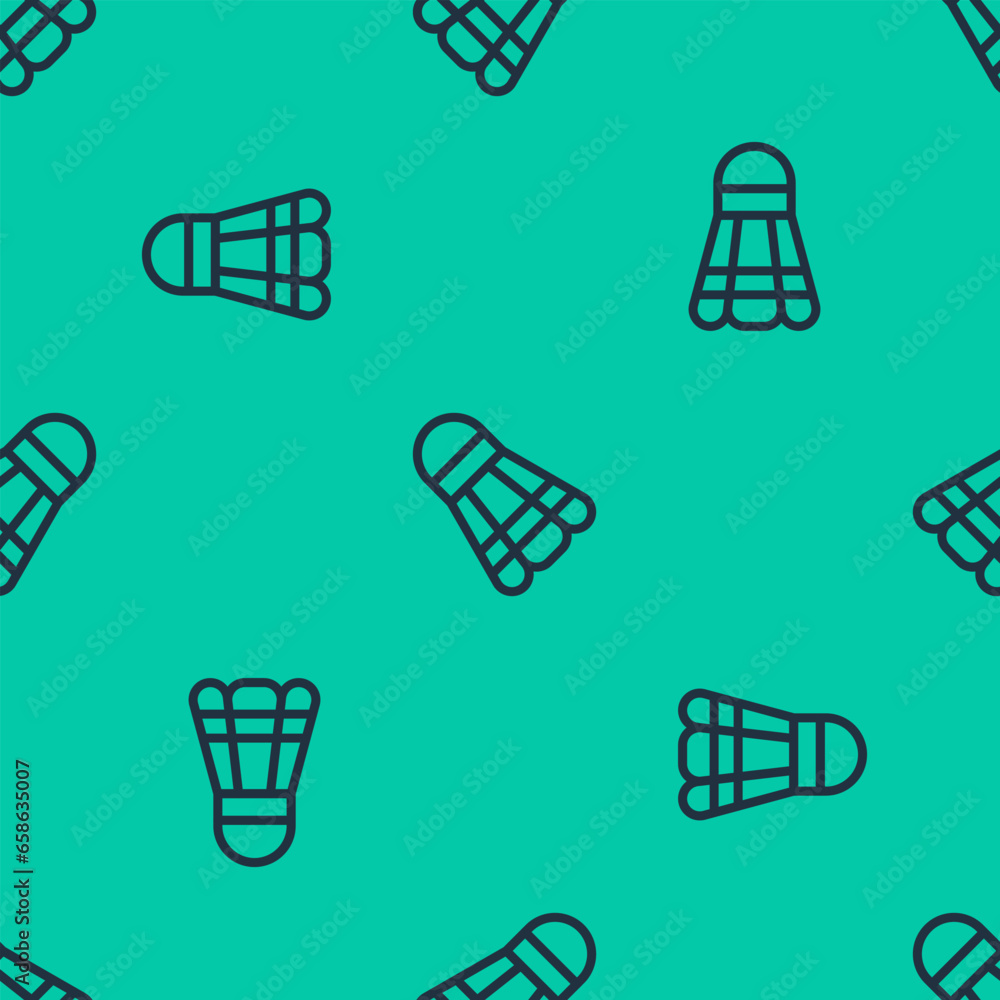 Poster blue line badminton shuttlecock icon isolated seamless pattern on green background. sport equipment.