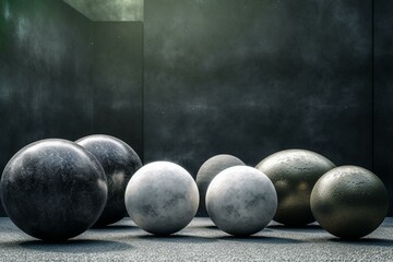An image with several concrete or stone spheres suitable for various visual purposes. Generative AI