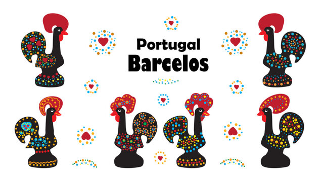 A set of roosters - symbols of the Portuguese city of Barcelos and design elements, for souvenirs and tourist business.