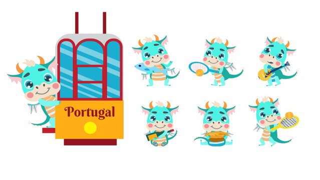 Set of cute little dragons in Portugal who ride the tram, go to the Pastel de Nata pastry shop, play tennis, drink wine, carry fish, sing fado. For the design of Souvenirs for tourists and travelers.