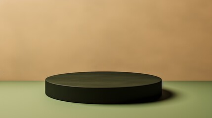 Round Stone Podium in front of a khaki Studio Background. Black Pedestal for Product Presentation