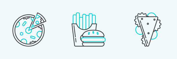 Set line Sandwich, Pizza and Burger french fries in carton package box icon. Vector