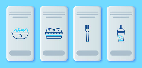 Set line Sandwich, Fork, Nachos in plate and Glass of lemonade with drinking straw icon. Vector