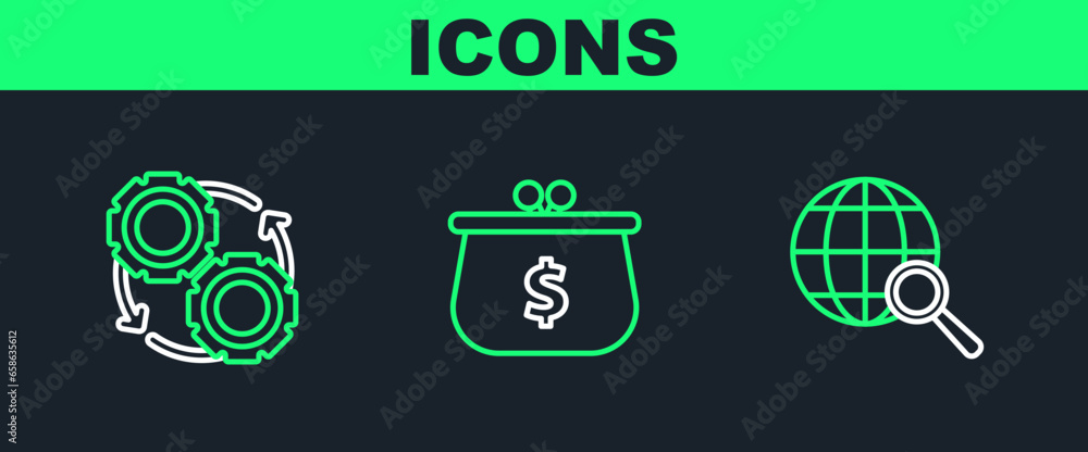 Poster set line magnifying glass with globe, gear and arrows workflow process concept and wallet dollar sym