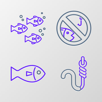 Set line Fishing hook and worm, No fishing and icon. Vector