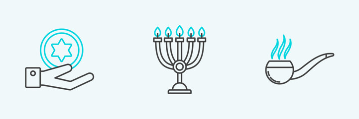 Set line Smoking pipe with smoke, Jewish coin on hand and Hanukkah menorah icon. Vector