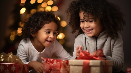 Fototapeta na wymiar Children unwrapping Christmas gifts at home festive background. Child opening Present next to decorated Xmas Tree. Boxing Day concept. Merry Christmas and Happy Holidays! .