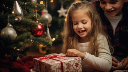 Children unwrapping Christmas gifts at home festive background. Child opening Present next to decorated Xmas Tree. Boxing Day concept. Merry Christmas and Happy Holidays! .