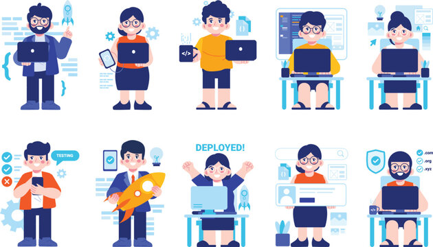 Vector Cartoon Web Developer and Apps Developer Working on Program Development Set