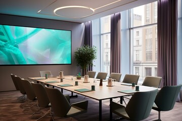 Modern vibrant meeting room with projection screen. Generative AI - obrazy, fototapety, plakaty