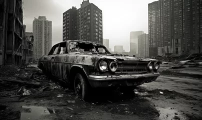  Burnt-out police car in an a city street backdrop. © Lidok_L