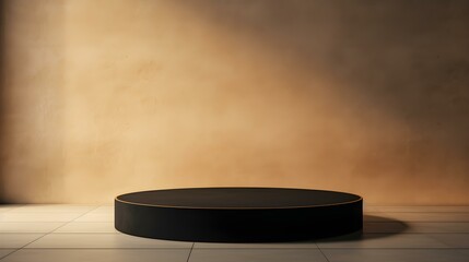 Round Stone Podium in front of a light brown Studio Background. Black Pedestal for Product Presentation