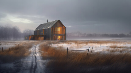 Winter Solitude: A Lit Barn in a Snowy Field at Night
