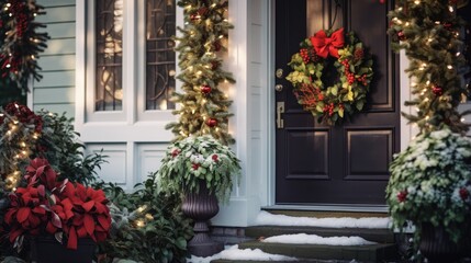 Fototapeta na wymiar Christmas decorated Wreath festive background. Festive decorations for winter holidays celebration. Close-up details of Beautiful Xmas handmade wreath and lights of garland..